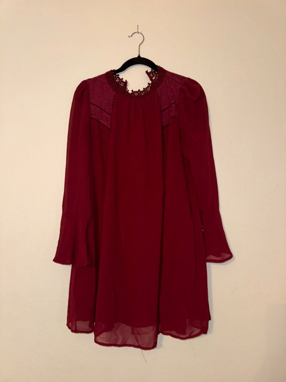 Maroon Chiffon Shift Dress Crochet Lace Neck Long Sleeve
